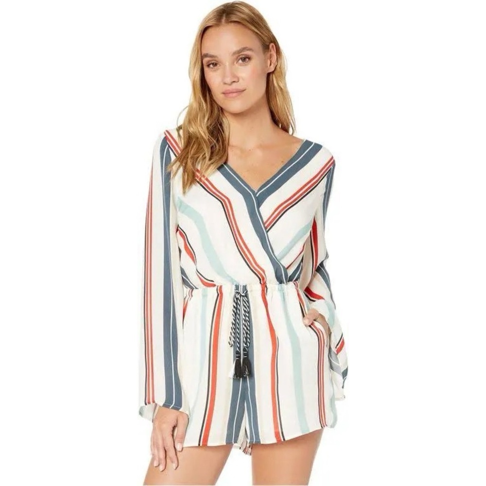 Cupcakes & Cashmere Ivory Multicolored Striped V-Neck Long Sleeve Flowy Romper